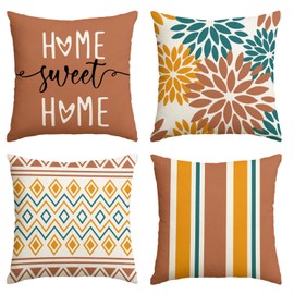 Dahlia Flowers Caramel Fall Throw Pillow Covers, 18 x 18 Inch Sweet Home Living Room Outdoor Cushion Case Decoration for Sofa Couch Set of 4