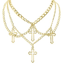 COLORFUL BLING Goth Cross Choker Necklace Gothic Layered Chunky Pendant Necklaces Egirl Silver Plated Long Multilayer Chains 40 inches for Women Teen Girls - Gold