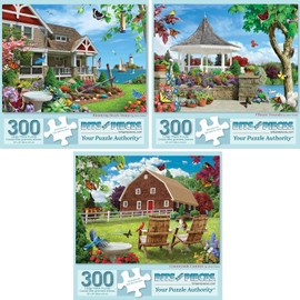 Bits and Pieces - Value Set of Three (3) 300 Piece Jigsaw Puzzles for Adults - Measures 18" x 24" - 300 pc Vibrant Blooming Branch House Countryside Comfort Flowers Summer Jigsaws by Artist Alan Giana