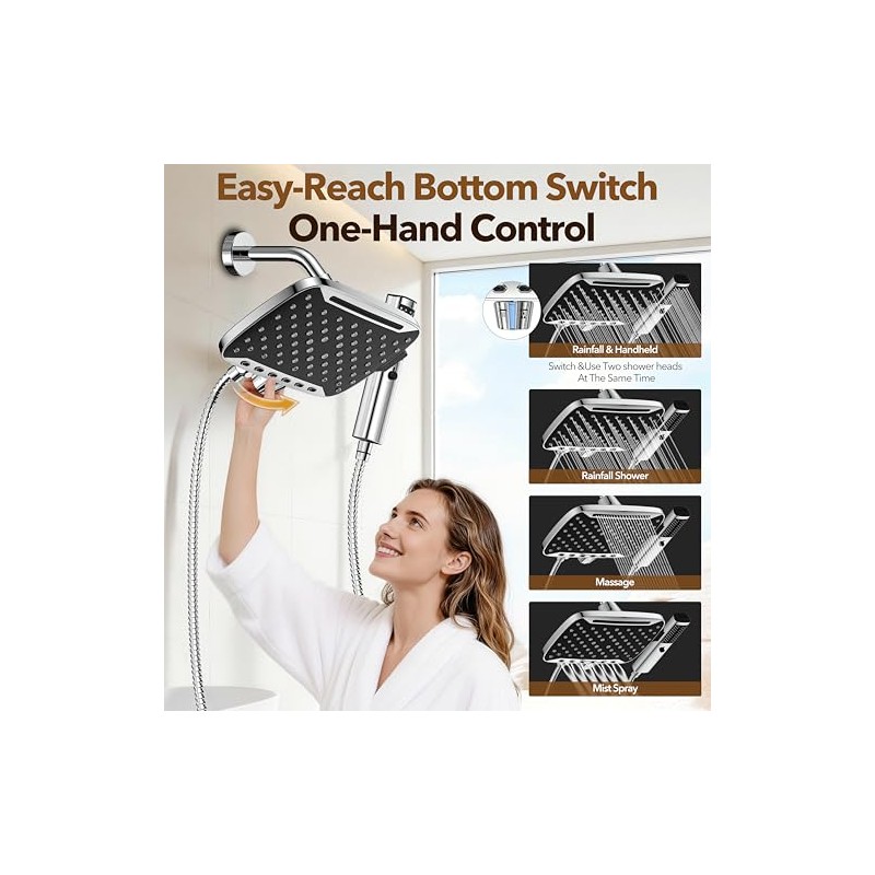 JDO High Pressure Rain Shower Head with Handheld Spray, 7