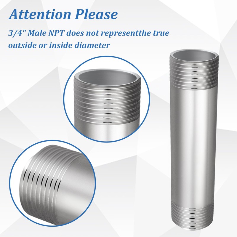 Dexspoeny 3Pcs 304 Stainless Steel Nipple Pipe Fittings 3/4" NPT