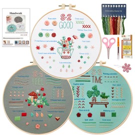 3 Sets Embroidery kit for Beginners Adults，DIY Starter Kits to Learn 29 Different Stitches, Including Fabric with Prints, Hoop, Color Threads,Tools and Instructions