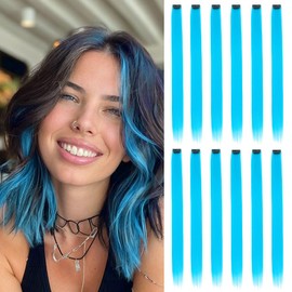 12PCS Sky Blue Hair Extensions Clip In 22Inches Straight Colored Hair Extensions For Kids Girls Colorful Highlights For Parties Gifts(Sky Blue)