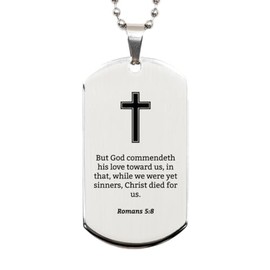 Romans 5 8 Necklace - Romans 5:8 Bible Verse Dog Tag Necklace for Men - Christian Bible Gifts for Women Scripture with Cross Religious, Inspirational Gifts Him Her