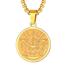 U7 Tetragrammaton Pentacle Necklace 18K Gold Plated Stainless Steel Occult Medal Pendant Wicca Jewelry for Men and Women, Box Chain 22 Inch