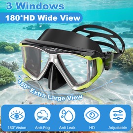 Yimserk Diving Mask for Adults, Anti-Fog Tempered Glass Snorkel Mask with Nose Cover, 180° Panoramic Swim Goggles, Soft Silicone Seal, Adjustable Strap – Scuba Mask for Snorkeling, Swimming