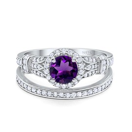 OMRANII Natural Amethyst Size-9 Art Deco Ring Round Cubic Zirconia Promise Ring Two Piece Bridal Wedding Set Engagement Rings For Women 925 Sterling Silver Gifts For Her