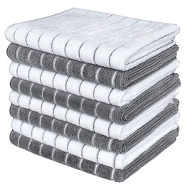 Microfiber Dish Towels - 8 Pack (Stripe Designed Gray and White Colors) - Soft, Super Absorbent and Lint Free Kitchen Towels, 26 x 18 Inch (Grey White)