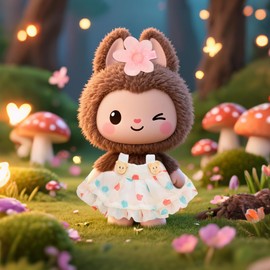 17 cm Doll Clothes Compatible with Labu 17cm Doll, 2 Piece Set Sweet Love Heart Print Dress and Pink Flower Hair Clip, Doll Clothing Accessories Set Replacement Beige, NO Doll