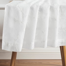 Bujasso White Semi Sheer Floral Curtains 108 inch Embroidered Leaf Patterned Window Curtain Panels with Lined Privacy Farmhouse Light Filtering Drapes for Living Room Bedroom Grommet Top W38 xL108 x2