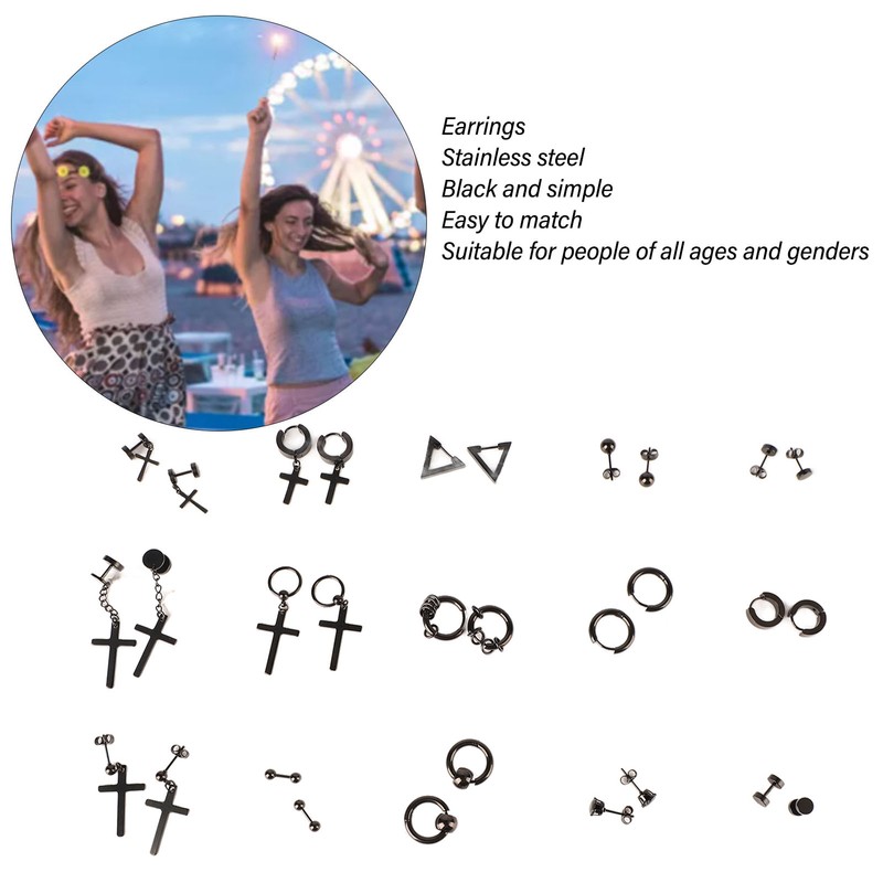 15 Pairs Earrings Set Black Stainless Steel Ear Studs Men