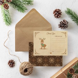 Vintage Reindeer, Santa And Tree Christmas Thank You Note Cards With Kraft Envelopes - Pack of 18-6 Of Each Design