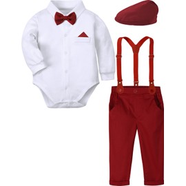 mintgreen Baby Boy Suit Gentleman Wedding Clothes Formal Shirt Set Suspenders Bow Tie with Hat, Red, 9-12 Months, 80
