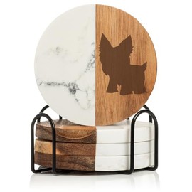Set of 4 Drink Coasters with Holder Gift Yorkie (Acacia Wood & Marble)