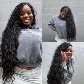 Francesca Hair Pre-looped Crochet Boho Locs with Human Hair body wave Ends Boho Hair Braids Goddess Dreadlocks Hair for Black Women Natural Color 18 Inch (Pack of 3)