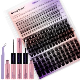 WENDY DIY D Curl Lash Clusters Individual Cluster Lashes Kit 12-18 mixed Wispy Lashes-kit Soft Set with 2 in 1 Lash Bond and Seal,Eyelash tweezers（C3+C9-07-D-1218-Kit）