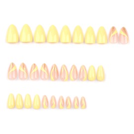 Warm Yellow Press on Nails Short Glue on Nails Almond False Nails Yellow Nails Press on Acrylic Nails Glitter Fake Nails with Sparkle Swirl Design Glossy Line Abstract Stick on Nails for Women 24 Pcs