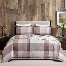 Nanko Quilt Set Quee Full Size 3 Pcs, Tan Taupe Buffalo Check Bedspreads, Lightweight Coverlet Bed Spreads, Moder Farmhouse Thin Quilted Comforter Bedding Sets for Women Men, 90 x 90 Khaki Brown Plaid
