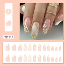 FIEONCIY Press on Almond Nails Medium Length Glossy Acrylic Almond Shaped False Nails with Designs Artificial Medium Fake Nails with Charms Glue Stick on Fingernails for Women Girls(W1917)