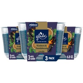 Glade 3-Wick Scented Candle Jar, Embers & Sandalwood, Air Freshener Infused with Essential Oils, 6.8 Oz, 3 Count