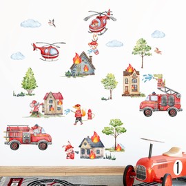 Large Firefighter Wall Decals for Boys Bedroom, Fire Truck Wall Stickers, Animal Fireman Rescue Ladder Helicopter Wall Decal Peel and Stick Wall Art for Kids Baby Nursery Classroom