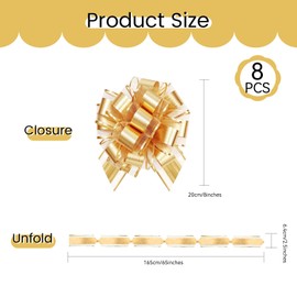 8 Pcs Gold Large Pull Bows, 8 in(20.32cm) Organza Pull Bows for Gift Wrapping, Large Ribbon Pull Bows for Wedding Christmas Birthday Valentine Party Car Baskets Bouque Decoration Hampers Florist