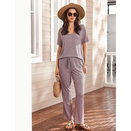 Ekouaer Lounge Sets for Women Short Sleeve Top and Long Pants Ribbed Knit Pajama Set 2 Piece PJ Sets Outfits Lilac