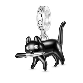 GNOCE Black Cat Pendant Dangle Charm, S925 Sterling Silver Dangle Charms for Women Wife, Valentine‘s Day, Mother’s Day Jewelry Gift