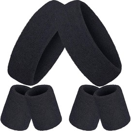 Bememo 6 Piece Striped Sweatband Set, Includes 2 Pieces Sports Headband and 4 Pieces Wristbands Sweatbands Colourful Cotton Striped Sweatband Set for Men and Women, black