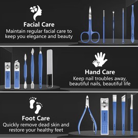 Manicure Set Nail Clipper Set, 16 In 1Pedicure Manicure Kit Professional Pedicure Set Women Men Personal Nail Care Kit with Travel Case Blue