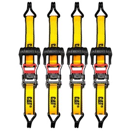 Cat 4 Piece Ratchet Tie Down Set with Soft Hooks - 16 Feet x 1-1/2 Inches, 1000 lbs Load, 3000 lbs Break Strength, Double J-Hooks, Non-Slip Handle - 980076E