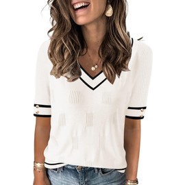AKEWEI Womens Short Sleeve Sweaters Casual V Neck Pullover Tops Business Casual Fall Fashion Outfits(White Striped,XL)