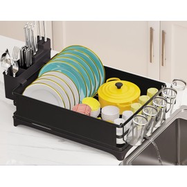 Simple Trending Dish Drying Rack for Kitchen, Waterproof Drain Rack with Cutlery Holder and Drainboard Tray, 11.7“W x 16.5”L, Black