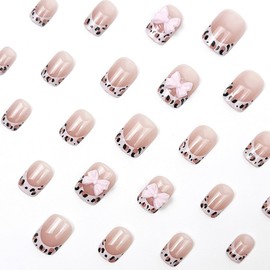 48 Pcs Leopard Print French Press on Nails Short Square & Press on Toenails Set - Summer Fake Nails Glossy Glue on Nails Full Cover Nude Fake Toe Nails with Pink Bows Design Acrylic Nail Kit