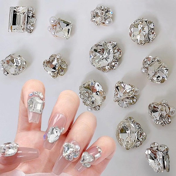 Pack of 8 3D Pearls Glitter Stones Nail Charms, Luxury Shiny Heart Pearl Rhinestones Nail Art Charms Clear White Hearts Snowflakes Rhinestones Nail Stones for Women Nail Design Nail Art Accessories