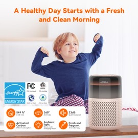 AIRROMI Air Purifier for Bedroom Home,HEPA Filter,Covers Upto 549 Ft²,Quiet 360°intake Air Cleaner with Fragrance ponge for Better Sleep,Night Light,Filters Smoke,Pet Dander,Allergies,Dust,A2005 Beige