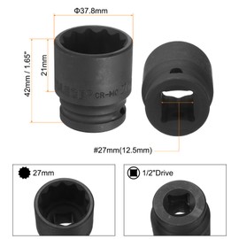 uxcell 1/2" Drive x 27mm Shallow Impact Socket 12-Point Metric CR-MO Steel Nut Impact Grade Socket for Auto Repair