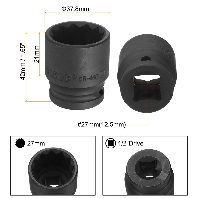 uxcell 1/2" Drive x 27mm Shallow Impact Socket 12-Point Metric