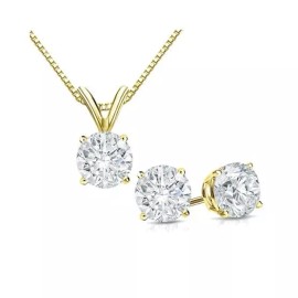 Paris Jewelry 18K Yellow Gold Round 2ct White CZ Round 18 Inch Necklace & Earrings Set Plated