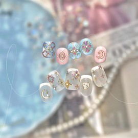 1 sheet Bohemian Style Nail Art Stickers Decals 5D Embossed Gold Nail Decals Self-Adhesive Star Moon Flower Nail Stickers with Pearl Design Colorful Glitter Nails Decoration for Women Manicure Art Kit