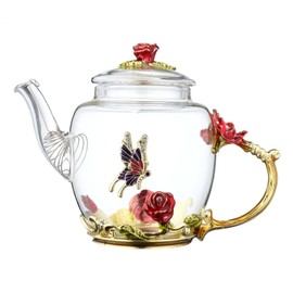 XUDREZ Glass Blooming Tea Teapot for Women - Red Rose Floral with Gold, 10.15oz/300ml