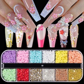 12 Grids 3D Flower Nails Charms for Acrylic Flowers Nail Rhinestones Flower Nails Art Charms Nail Supplies Nails Gems Charms for Nails Flowers Design Manicure Decor DIY Accessories