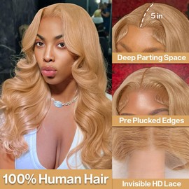 omswet Honey Blonde Body Wave Closure Bob Wig Human Hair 5x5 HD Lace Wear and Go Blonde Wigs for Women Human Hair Glueless Pre Plucked Pre Bleached Human Hair Wig 200 Density 16 Inch Short Blonde Wig