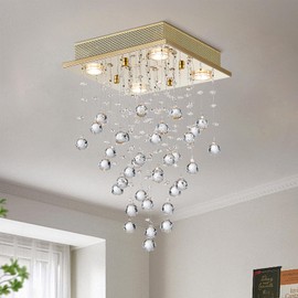 Bestier Gold Modern Crystal Square Raindrop Chandelier Lighting Flush Mount LED Ceiling Light Fixture Pendant Lamp for Dining Room Bathroom Bedroom Livingroom 4 GU10 Bulbs Required 12" Wide 20" High