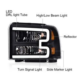 G-PLUS LED DRL Headlights, Compatible with 2005-2007 Ford F250 F350 F450 F550 Super Duty/2005 Excursion HeadLamps, Driver and Passenger Side, Clear lens Black Housing Amber Reflector