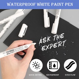 Jeffdad 6 Pcs White Marker Paint Pens, 1mm White Paint Marker Pens for Wood, Water-Based White Markers for Art Projects Drawing, Rock, Stone, Ceramic, Glass, Wood, Plastic, Metal DIY