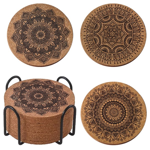 12 Pcs Cork Coasters For Drinks Absorbent Drink Coasters With Holder Mandala Cup Coaster Set Round Cup Mats Wood Coasters For Mugs, House Warming Gifts, Man Cave Decor, Coffee Table Decor, Living Room
