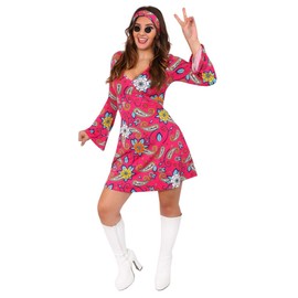 60S FANCY DRESS COSTUMES FOR WOMEN. 70S FANCY DRESS FOR WOMEN. RETRO GOGO DRESS. HIPPY COSTUME. FLOWER POWER HIPPIE DRESS + HIPPY HEADBAND + ROUND BLACK GLASSES. SIZE: MEDIUM