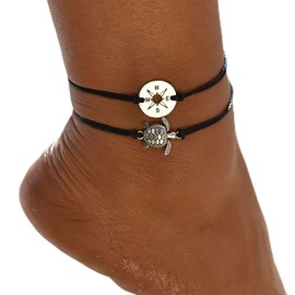 Handcess Boho Anklet Double Anklet Silver Turtle Ankle Bracelets Braided Compass Anklet for Women and Girls