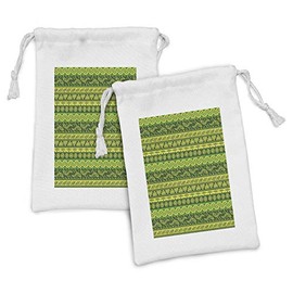 Ambesonne Mexican Print Fabric Pouch Set of 2, Oriental Hand Drawn Motifs Horizontally Ornamented, Small Drawstring Bag for Toiletries Masks and Favors, 9" x 6", Yellow Hunter Green